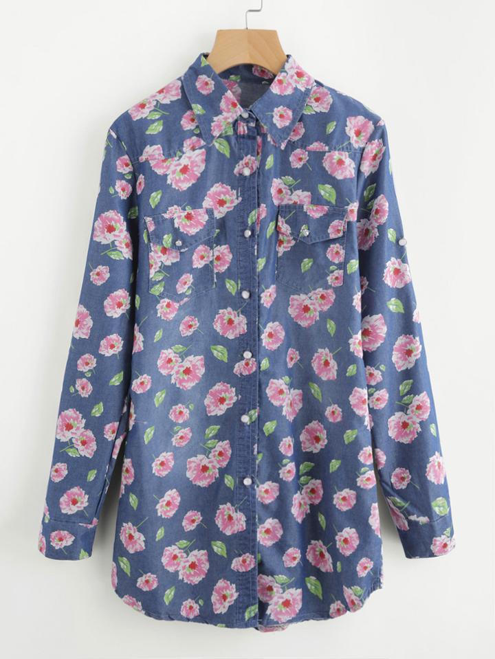 Shein Allover Florals Chambray Shirt Dress