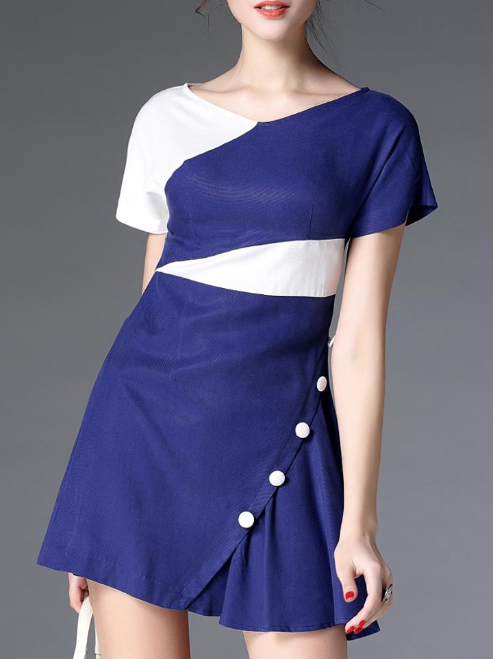 Shein Blue Contrast White V Neck A-line Dress