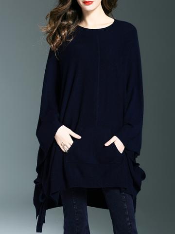 Shein Navy Batwing Sleeve Pockets High Low Blouse