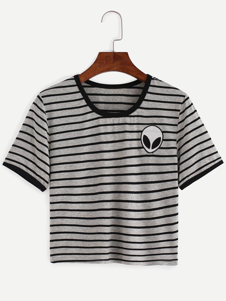 Shein Grey Striped Embroidered T-shirt
