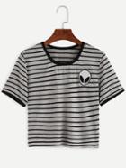 Shein Grey Striped Embroidered T-shirt