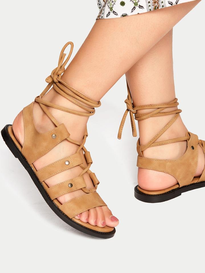 Shein Brown Lace Up Flat Gladiator Sandals
