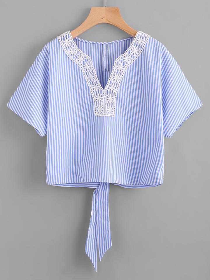 Shein Pinstripe Contrast Lace Knot Back Top