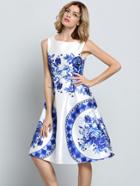 Shein Blue White Round Neck Sleeveless Floral Dress