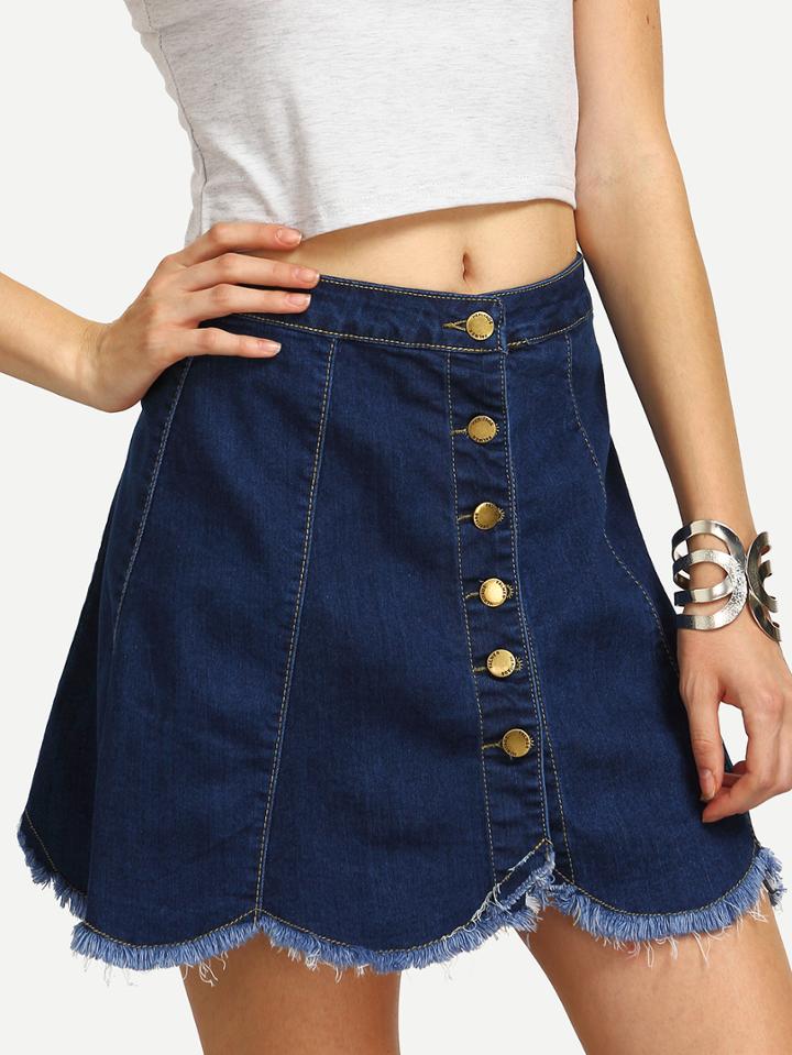 Shein Blue Buttoned Front Scallop Raw Hem Denim Skirt