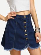 Shein Blue Buttoned Front Scallop Raw Hem Denim Skirt