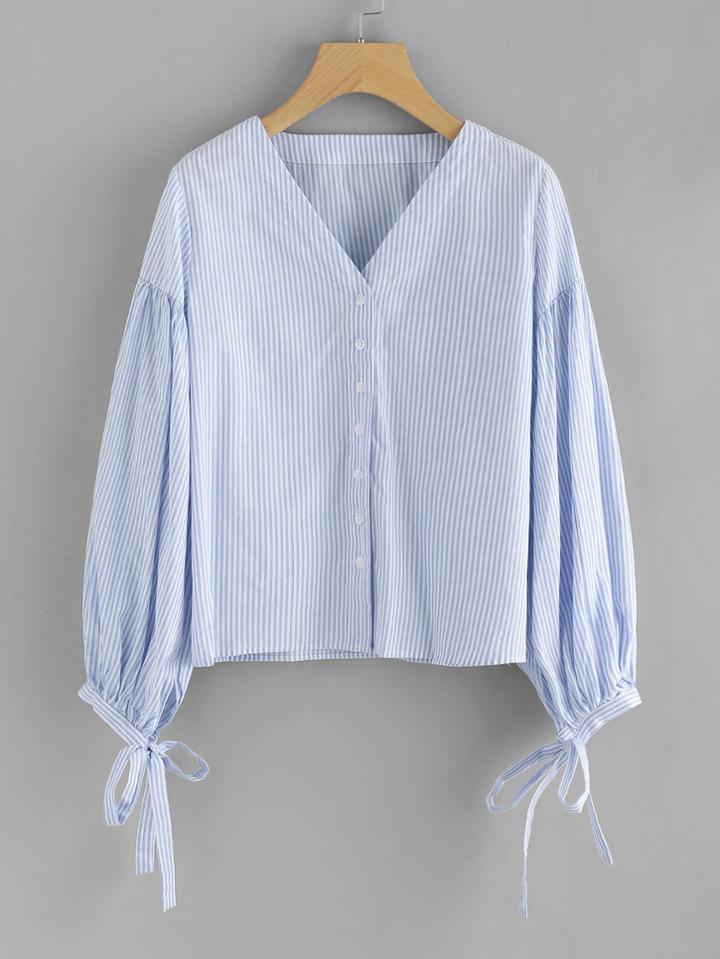 Shein Vertical Striped Balloon Sleeve Tie Cuff Blouse