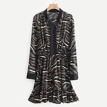 Shein Tie Neck Animal Pattern Ruffle Hem Dress