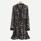 Shein Tie Neck Animal Pattern Ruffle Hem Dress