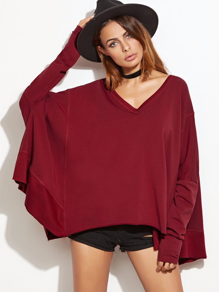 Shein Burgundy V Neck Dolman Sleeve Oversized Sweatshirt