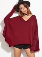 Shein Burgundy V Neck Dolman Sleeve Oversized Sweatshirt