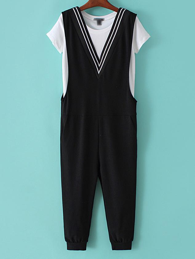 Shein White Plain T-shirt With Black V Neck Jumpsuit