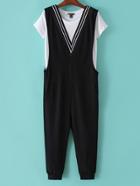 Shein White Plain T-shirt With Black V Neck Jumpsuit