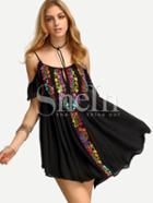 Shein Black Cold Shoulder Embroidered Pleated Dress