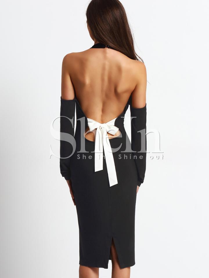 Shein Black Open Shoulder Backless Bow Halter Dress