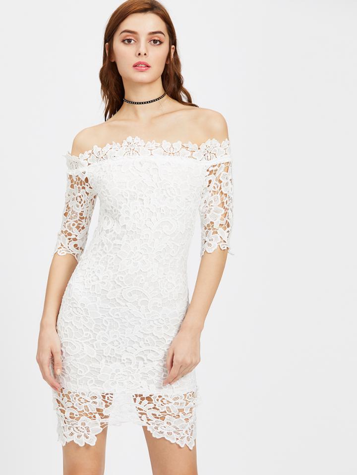 Shein Bardot Neck Lace Overlay Split Back Bodycon Dress
