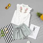 Shein Girls Floral Embroidered Ruffle Top & Bow Shorts Set