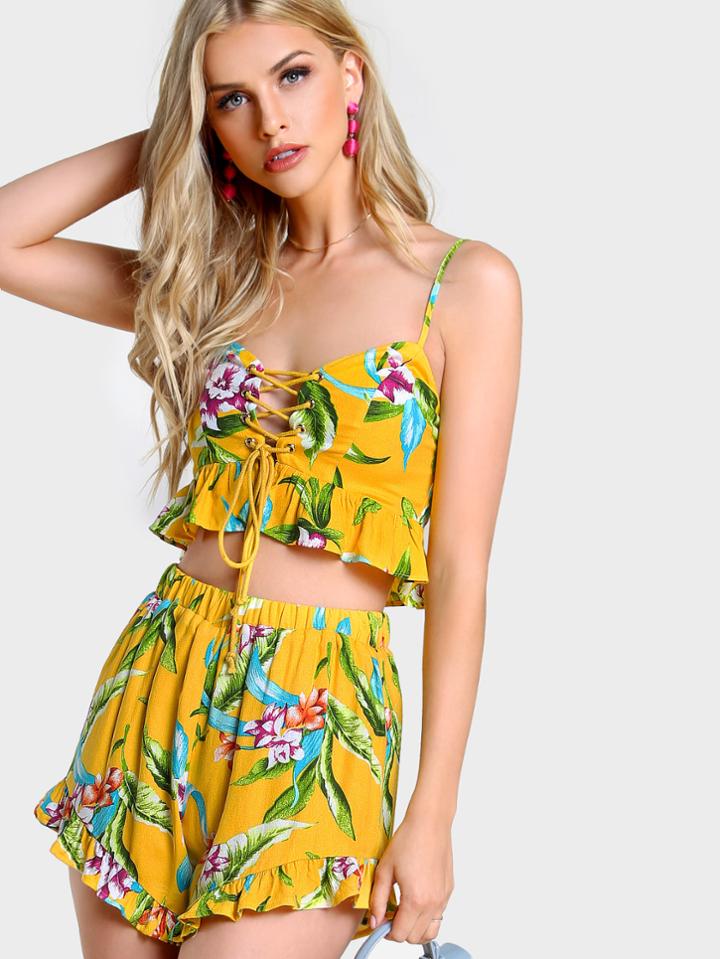 Shein Flower Print Frilled Lace Up Bustier Top And Shorts Set
