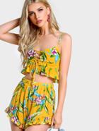 Shein Flower Print Frilled Lace Up Bustier Top And Shorts Set
