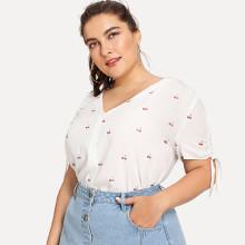 Shein Plus Knot Sleeve Cherry Print Top