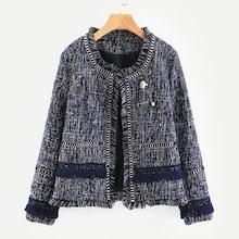 Shein Fringe Trim Tweed Coat With Pearl Brooch