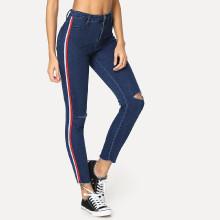 Shein Striped Tape Side Ripped Jeans