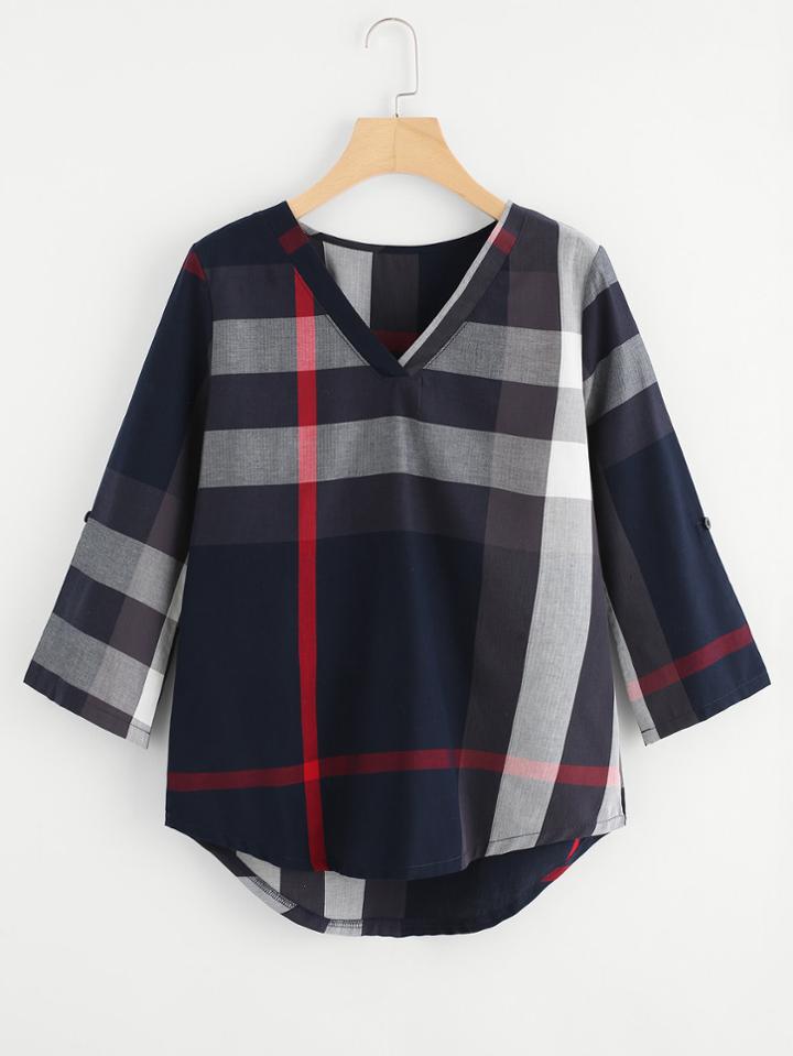 Shein High Low Curved Hem Plaid Blouse