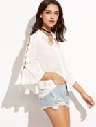 Shein White Lace Up Bell Sleeve Hidden Button Blouse