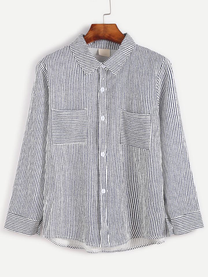Shein Dark Blue Striped Pockets Shirt
