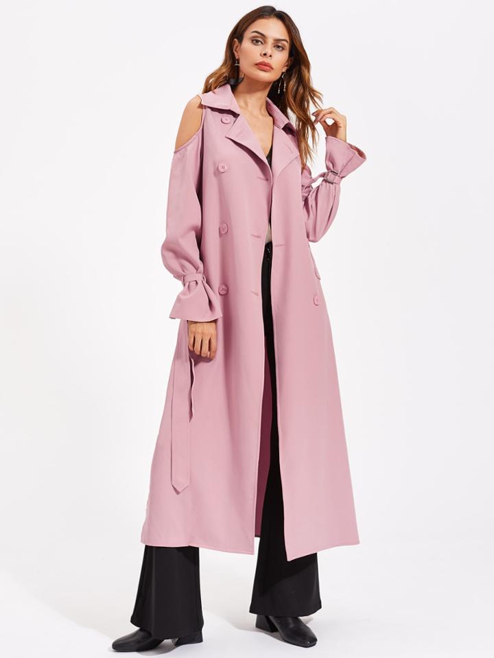 Shein Open Shoulder Belted Waist And Cuff Trench Coat