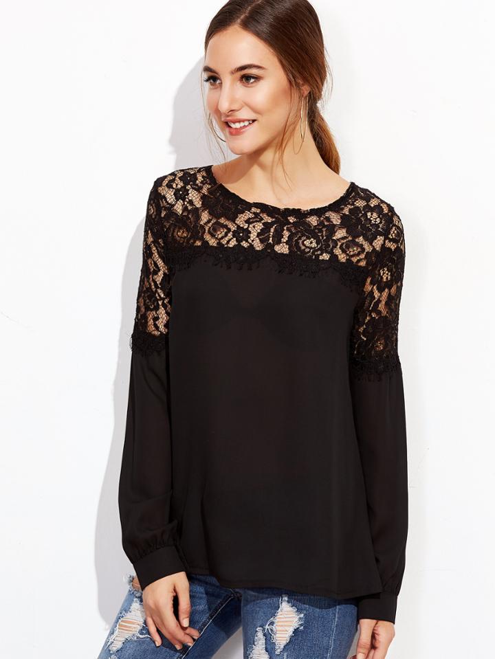 Shein Black Lace Insert Button Back Blouse