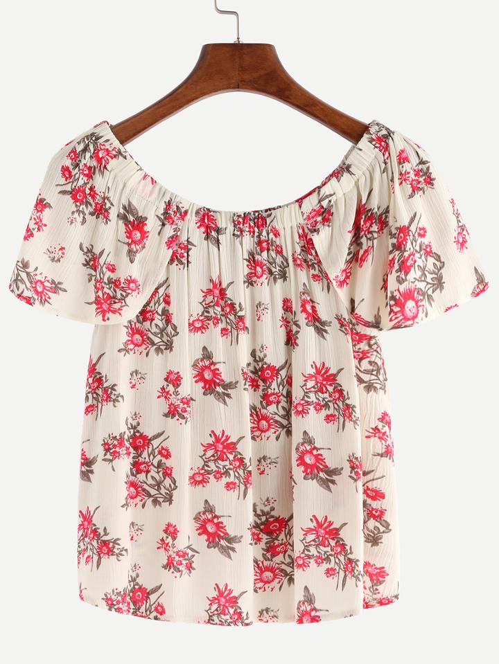 Shein Split Back Flower Print Top - Beige