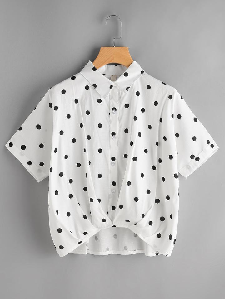 Shein Textured Dots Print Dip Hem Shirt