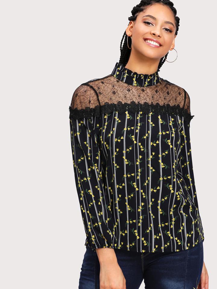 Shein Mesh Insert Calico Print Blouse