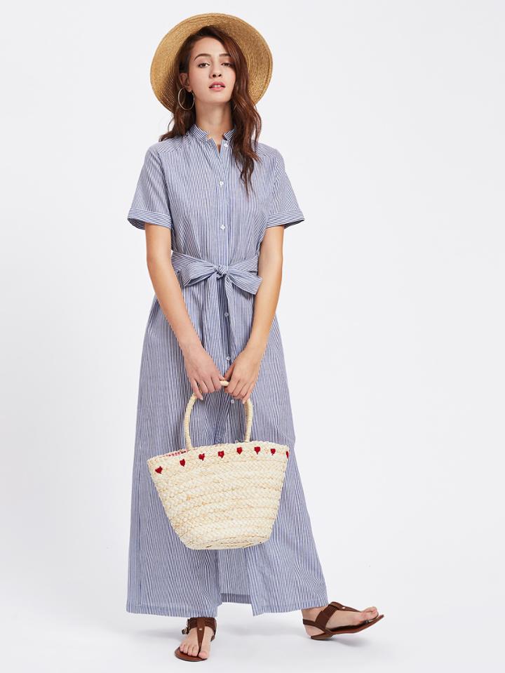 Shein Band Collar Buttoned Up Pinstripe Shirt Dress