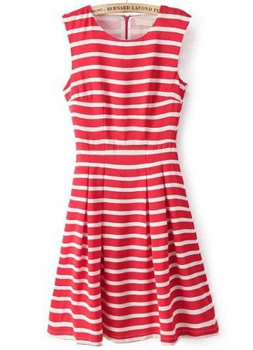 Shein Red White Striped Sleeveless Pleated Tank Dress
