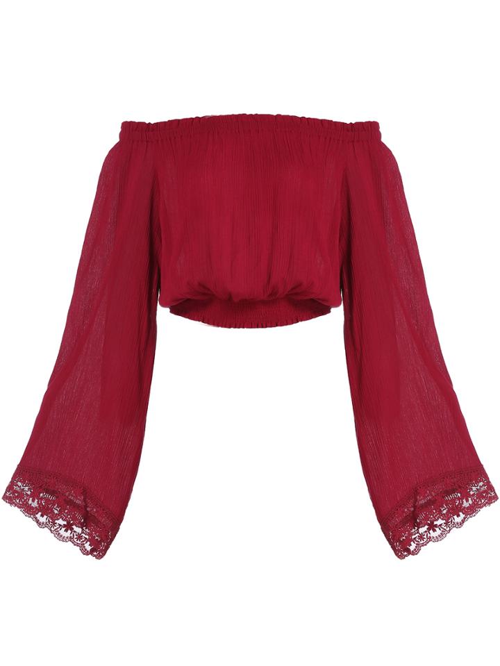 Shein Wine Red Boat Neck Bell Sleeve Crop Blouse