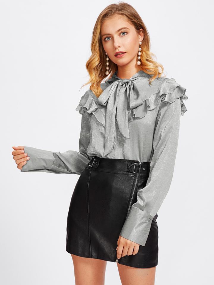 Shein Bow Tie Frilled Yoke Wide Cuff Blouse