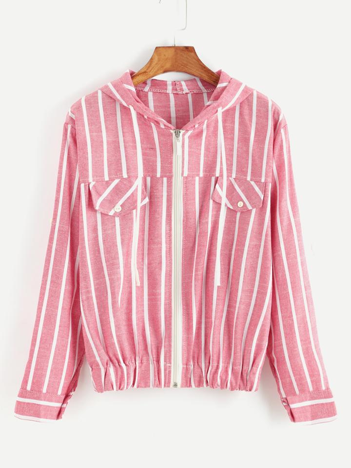 Shein Red Vertical Striped Drawstring Hooded Zip Up Blouse
