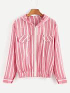 Shein Red Vertical Striped Drawstring Hooded Zip Up Blouse