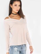 Shein Beige Waffle Knit Cold Shoulder T-shirt