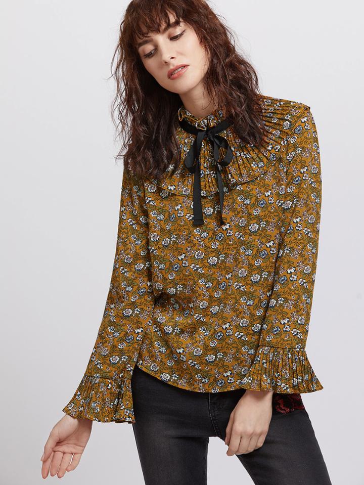 Shein Floral Print Ruffle Collar Bell Sleeve Blouse