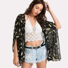 Shein Feather Print Asymmetrical Cuff See Through Kimono