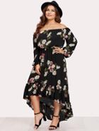 Shein Elasticized Waist Flounce Dip Hem Bardot Dress