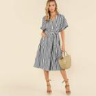 Shein Button Up Pocket Front Belted Striped Dress