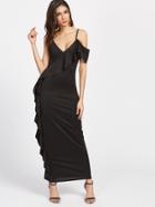 Shein Black Asymmetric Cold Shoulder Ruffle Trim Dress