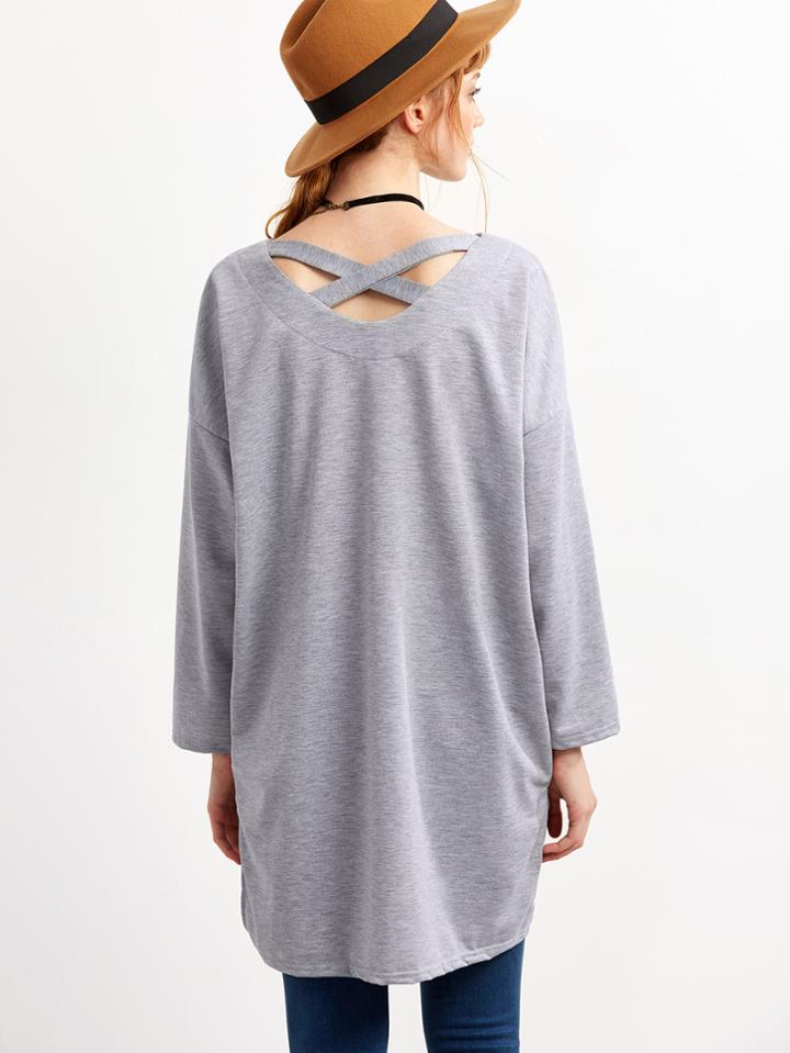 Shein Grey Dip Hem V Neck Crisscross-back T-shirt