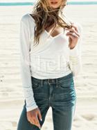 Shein White Long Sleeve V Back T-shirt