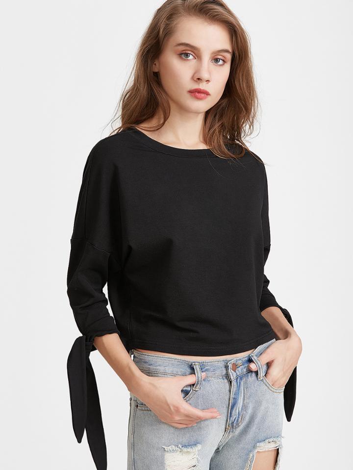Shein Black Drop Shoulder Tie Sleeve Sweatshirt