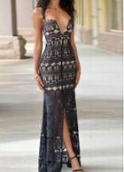 Rosewe Strapless Front Slit Black Lace Maxi Dress